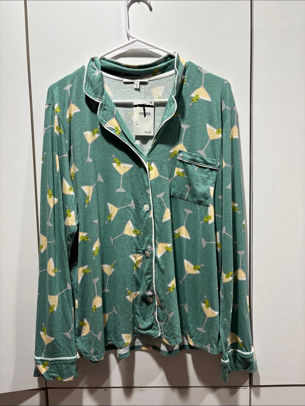 PJ Salvage Martini Print Pajama Top Green Button Front Sleep Shirt Women’s M